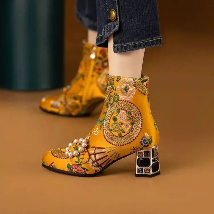 Embroidery Floral Ankle Boots Genuine Leather