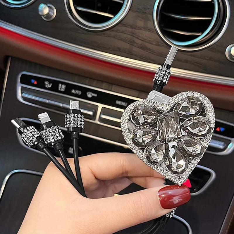 3 IN 1 Diamond Goddess USB Multi Cable Rhinestone Car Fast Charger