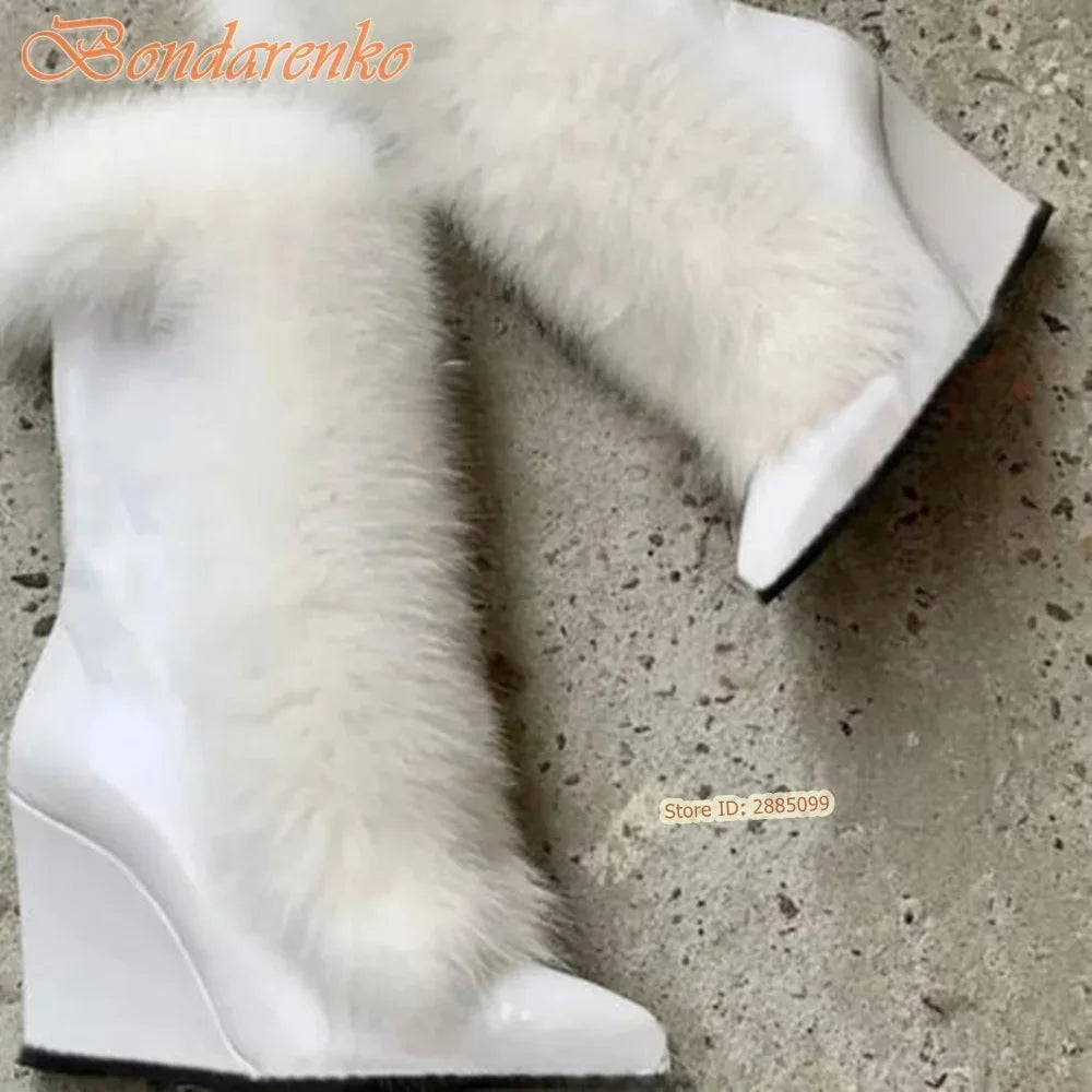 Fur Suede Wedge Boots Pointy Toe Solid Mid Calf