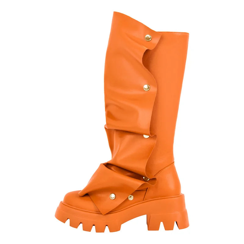 Plaftorm Red Fold Over Boots Block Heel Round Toe