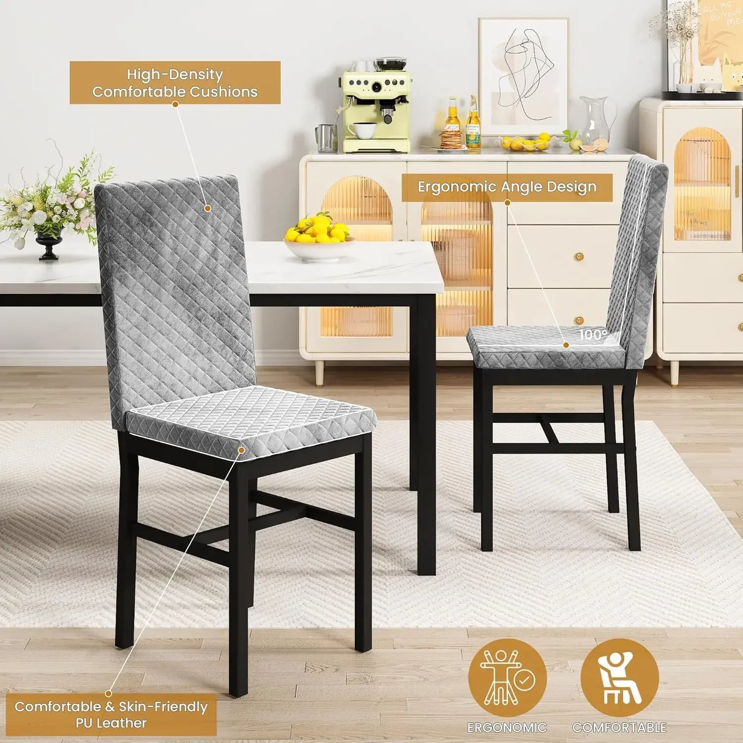 Faux Marble Dining Set with 4 Velvet Upholstered Chairs