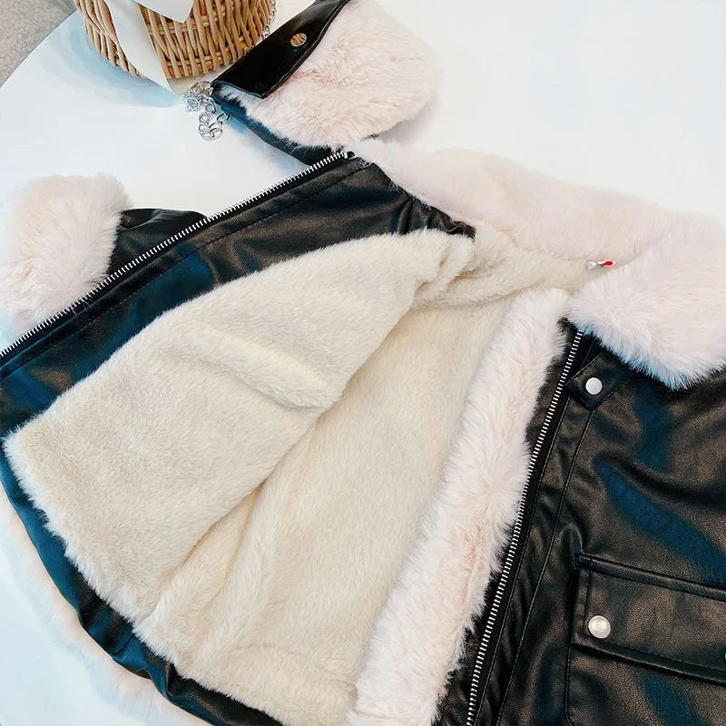 Girls PU Leather Jacket Thicken Faux Fur