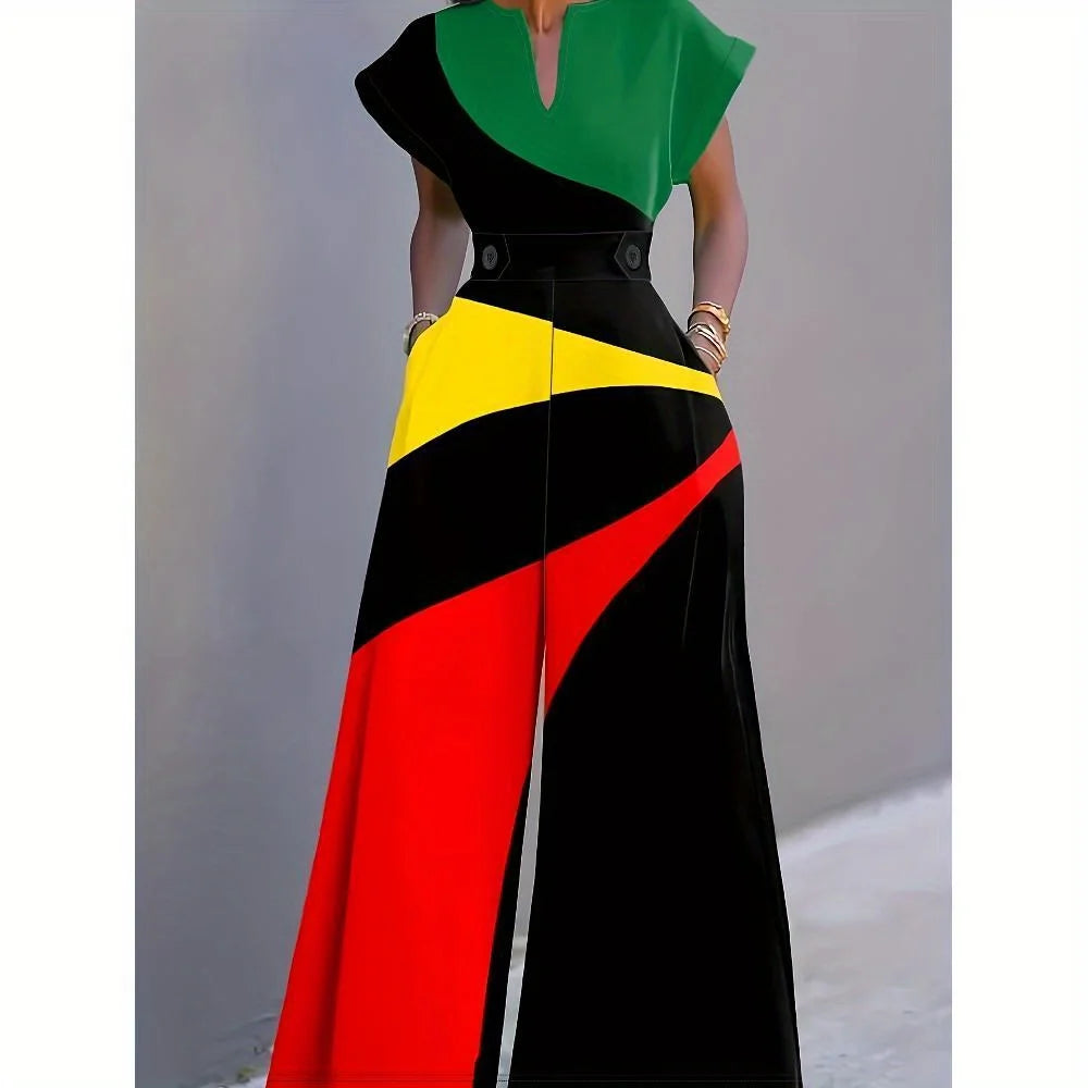 Colorblock Print V-neck Wide-leg Jumpsuit