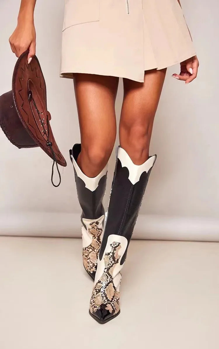 Stylish Western Leather Vintage Knee-High Cowboy Boots