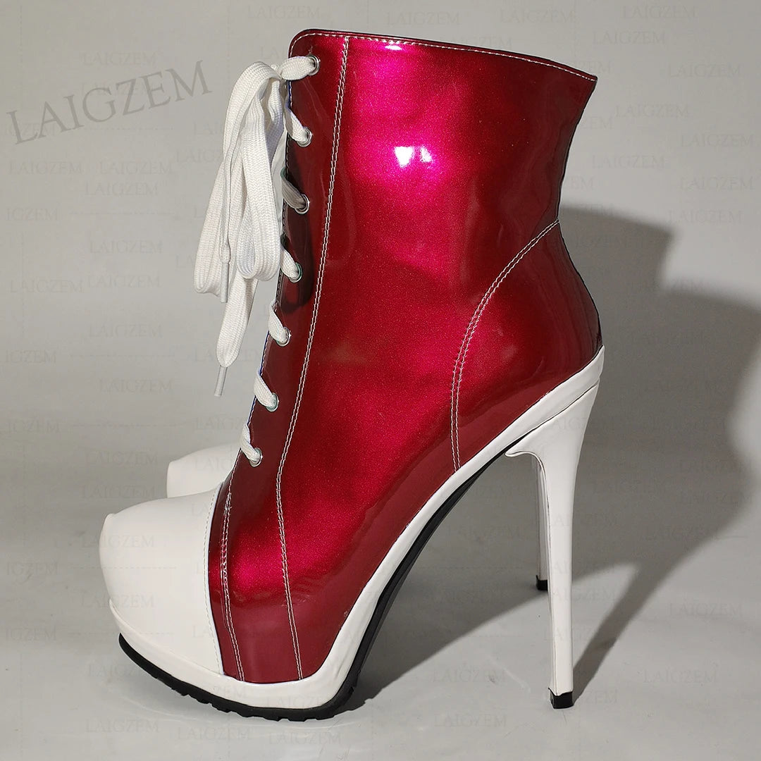 Ankle Boots Platform Shiny Zip Up Thin High Heel