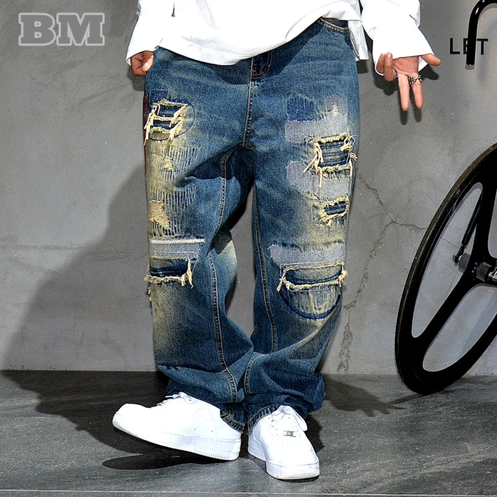 Streetwear Ripped Patch Hip Hop Baggy Jeans