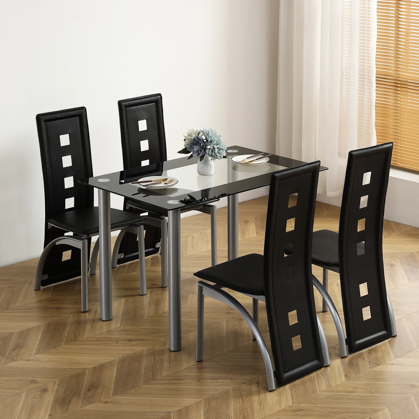 5 Pieces Dining Table Set for 4, Kitchen Room Tempered Glass