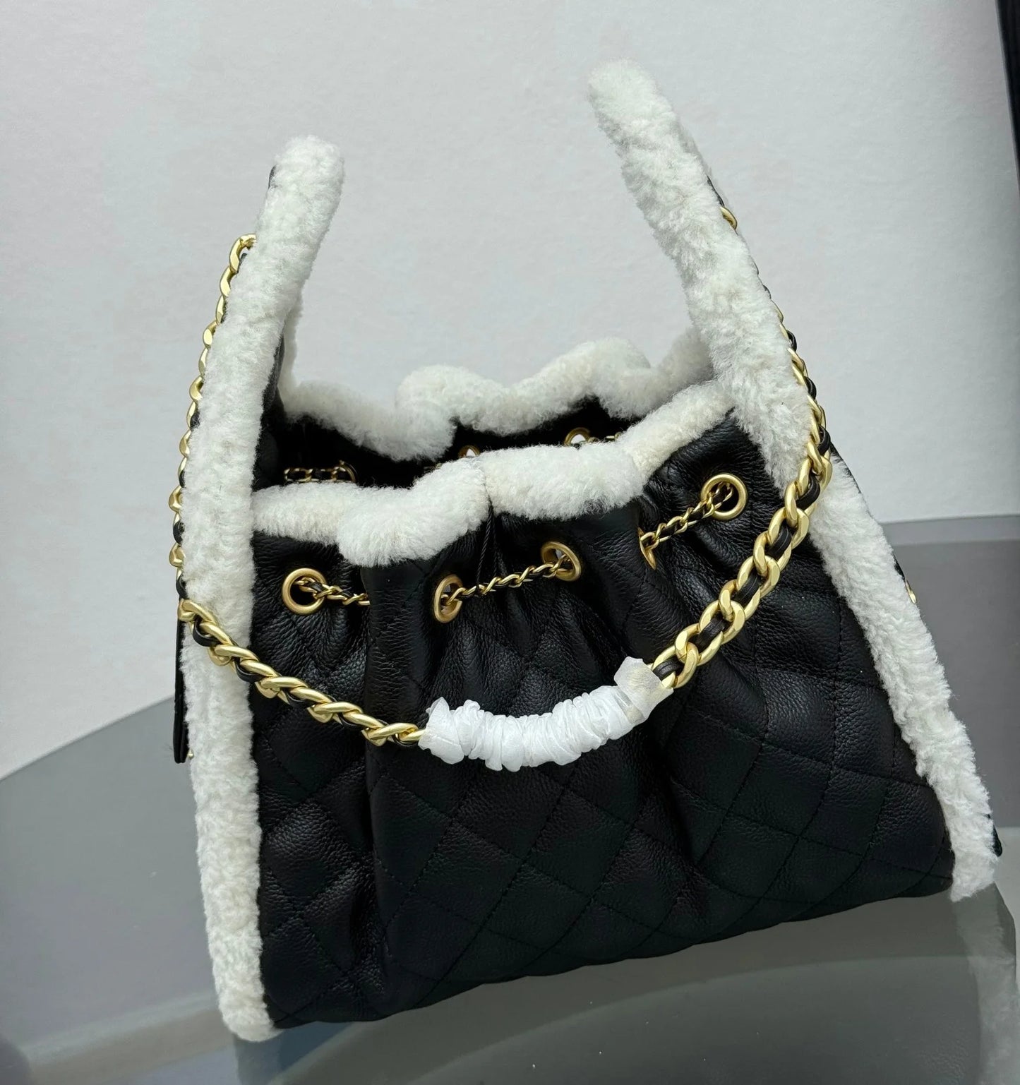 Genuine Leather Lamb Wool Bucket Bag