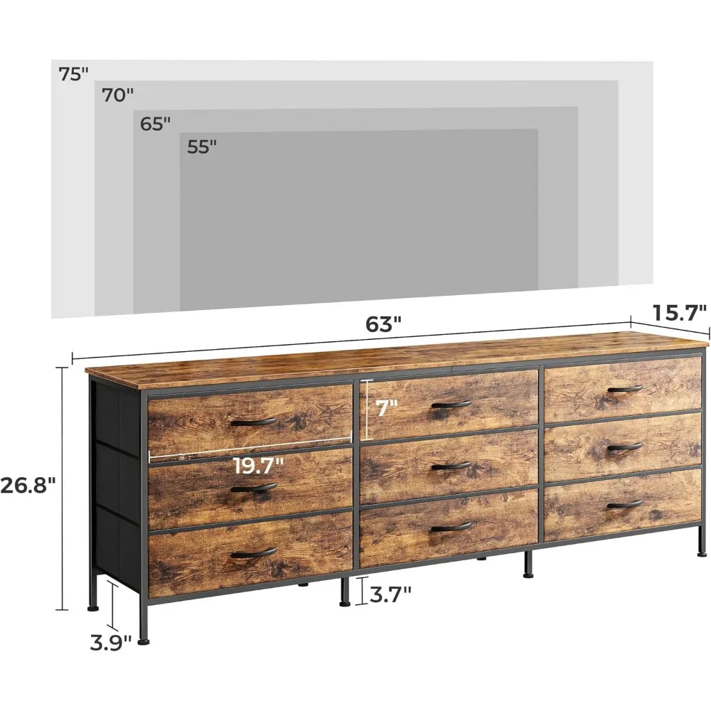 9 Drawer 63 Inch Dresser TV Stand for 55, 65, 70 Inch TV