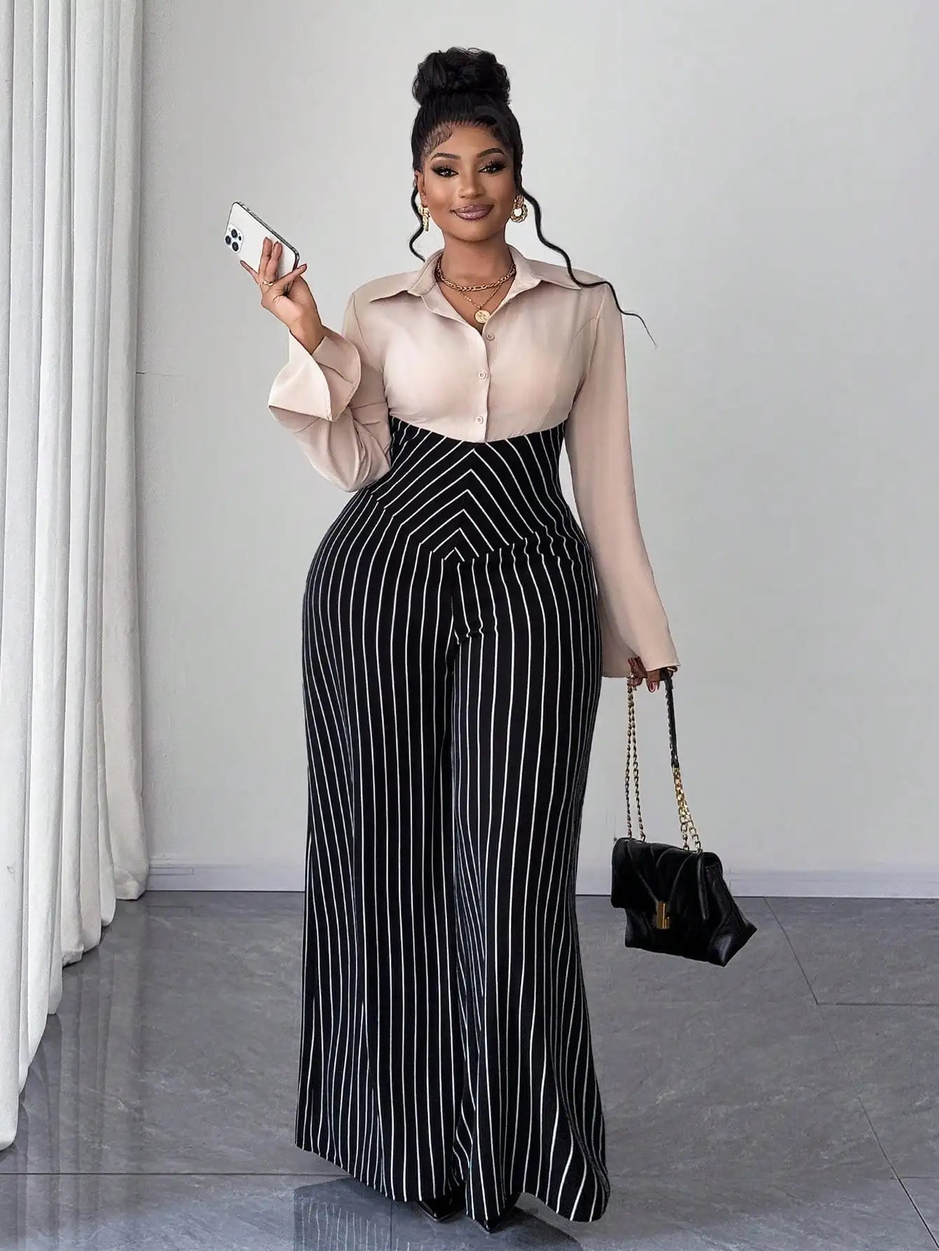 Plus Size Striped Flare Sleeve Jumpsuit