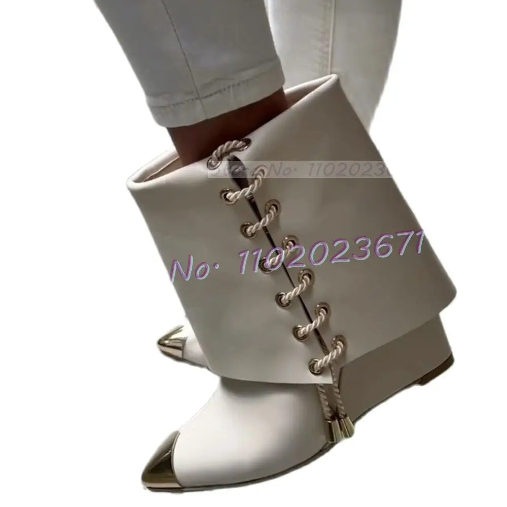 Metal Pointy Toe Wedge Ankle Boots