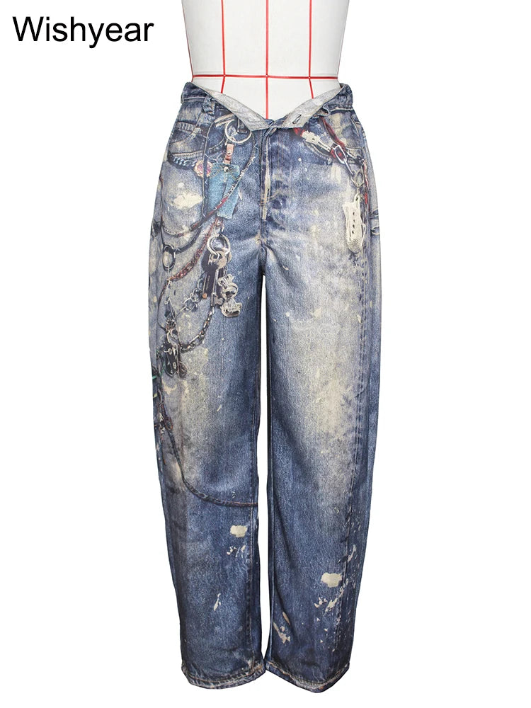 Women's Patchwork Mid Waist Wide Leg Pants