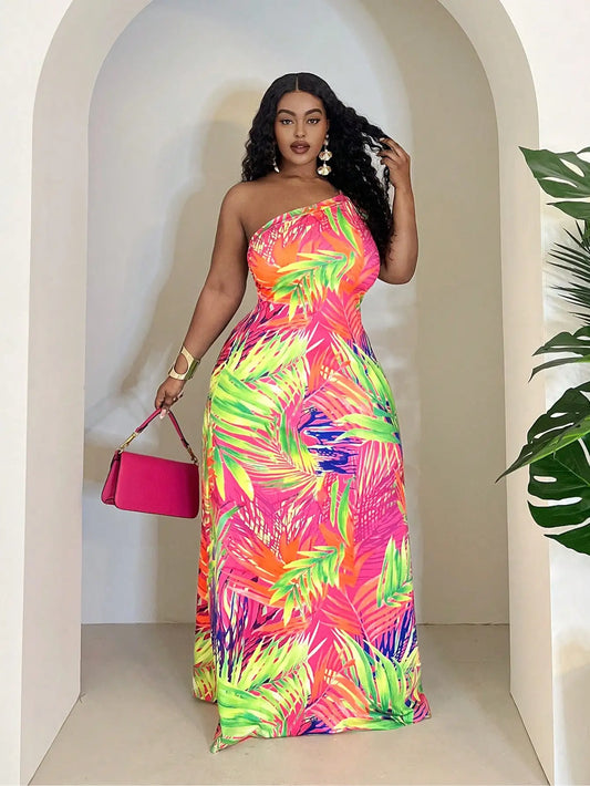 Plus Size Tropical Print Maxi Dress