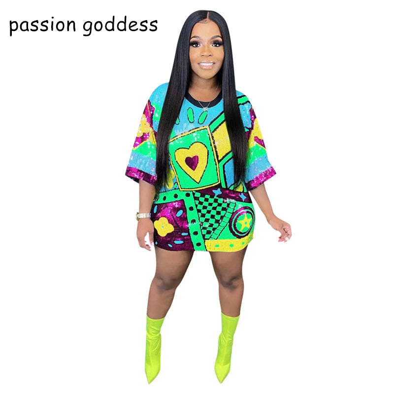 Casual Loose Letter Print Sequins Mini Dress
