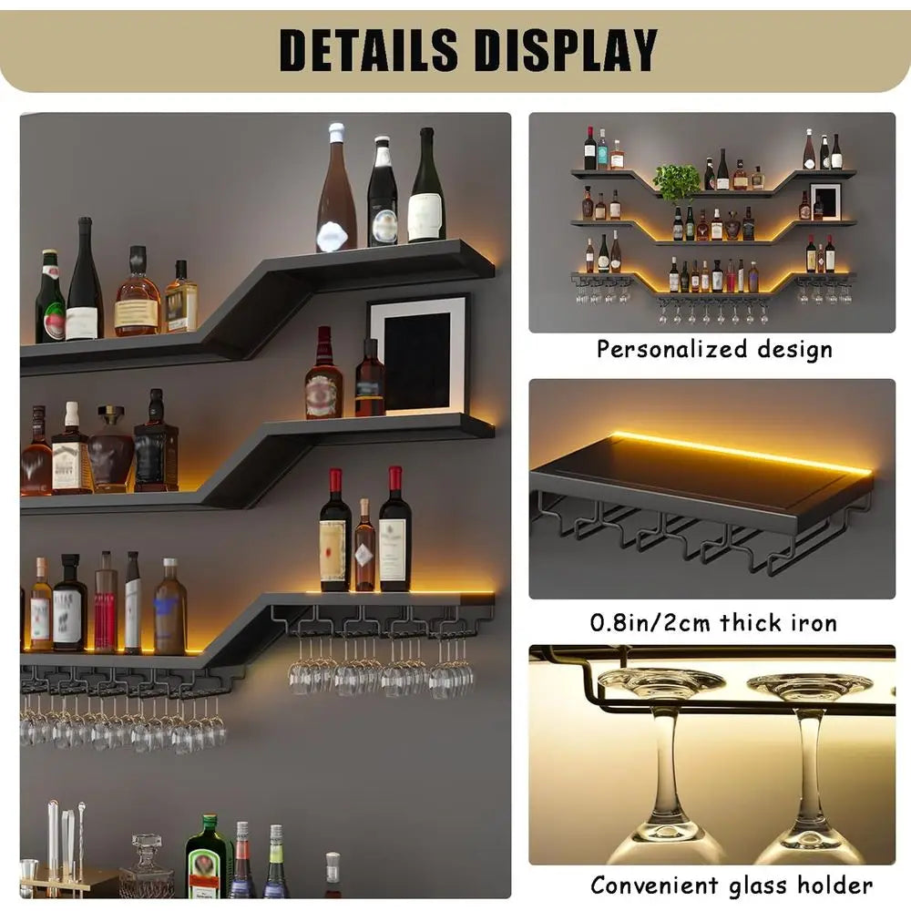 39.4in LED 3-Tier Floating Bar Shelves with Wine Glass Rack