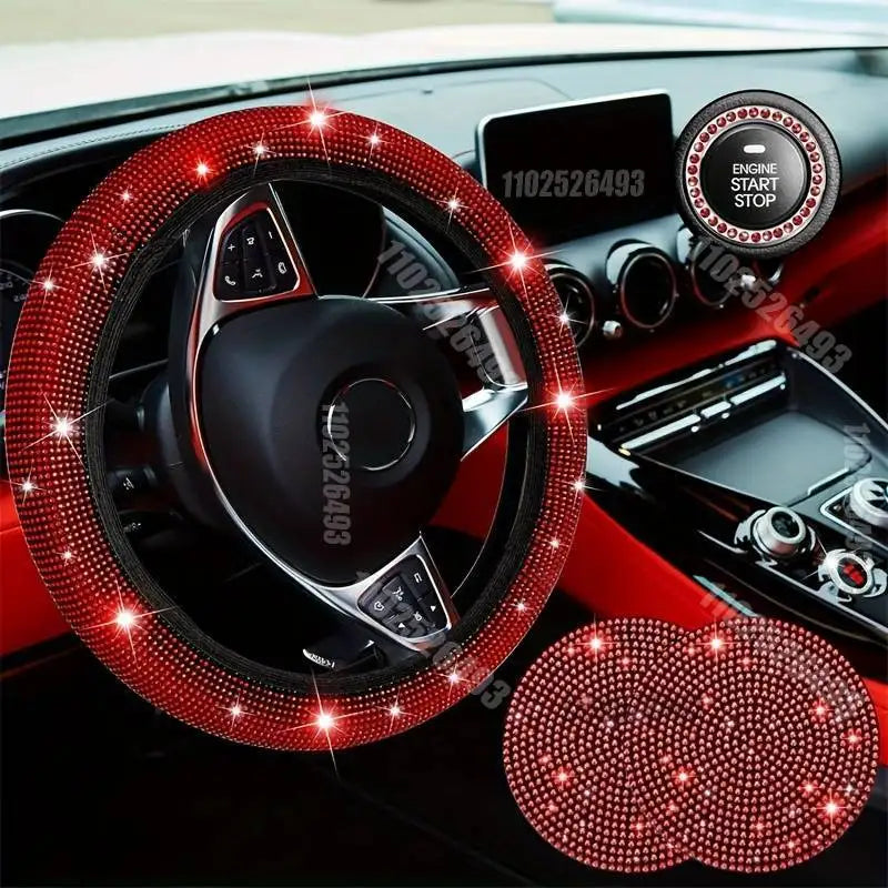 Set 27 Piece Women Bling Universal Fit Steering Cover Shiny License Frame Phone Holder Coasters Tools