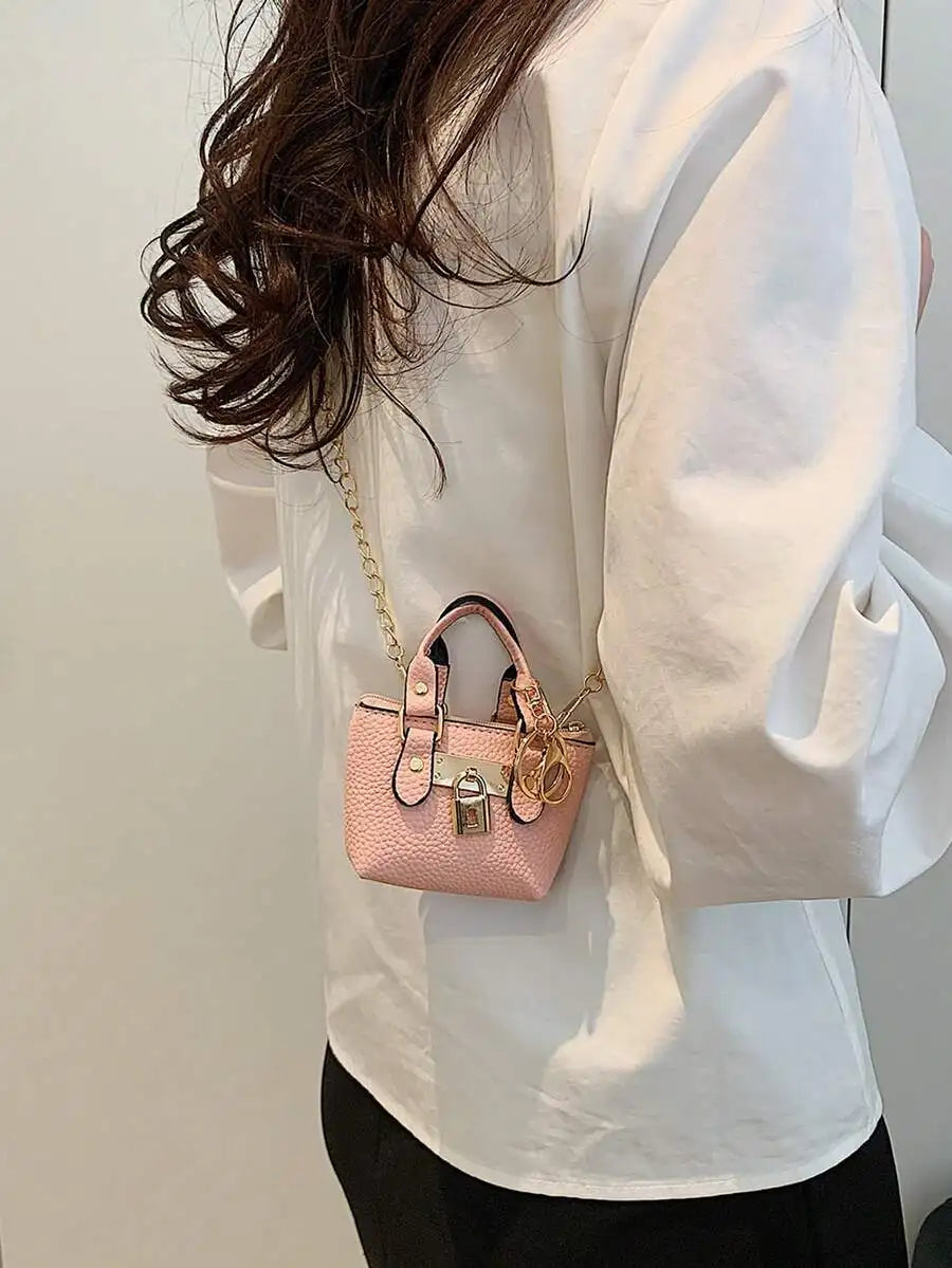 Mini Top-Handle Handbag with Gold Chain Strap and Lock Charm