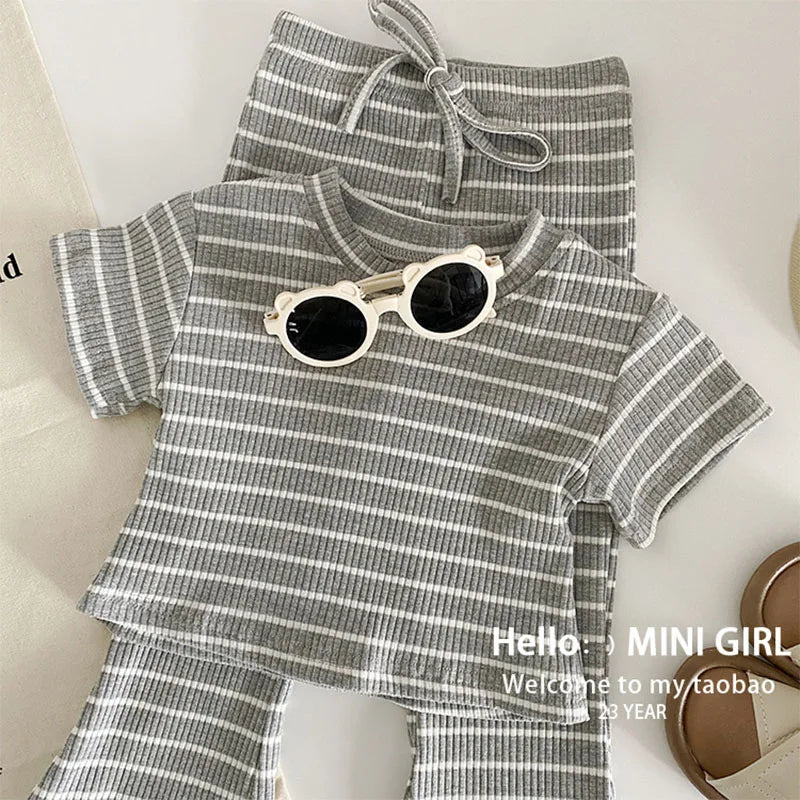 Girls Fashion Striped Sets Two-Piece Baby Clothing 2-8Y