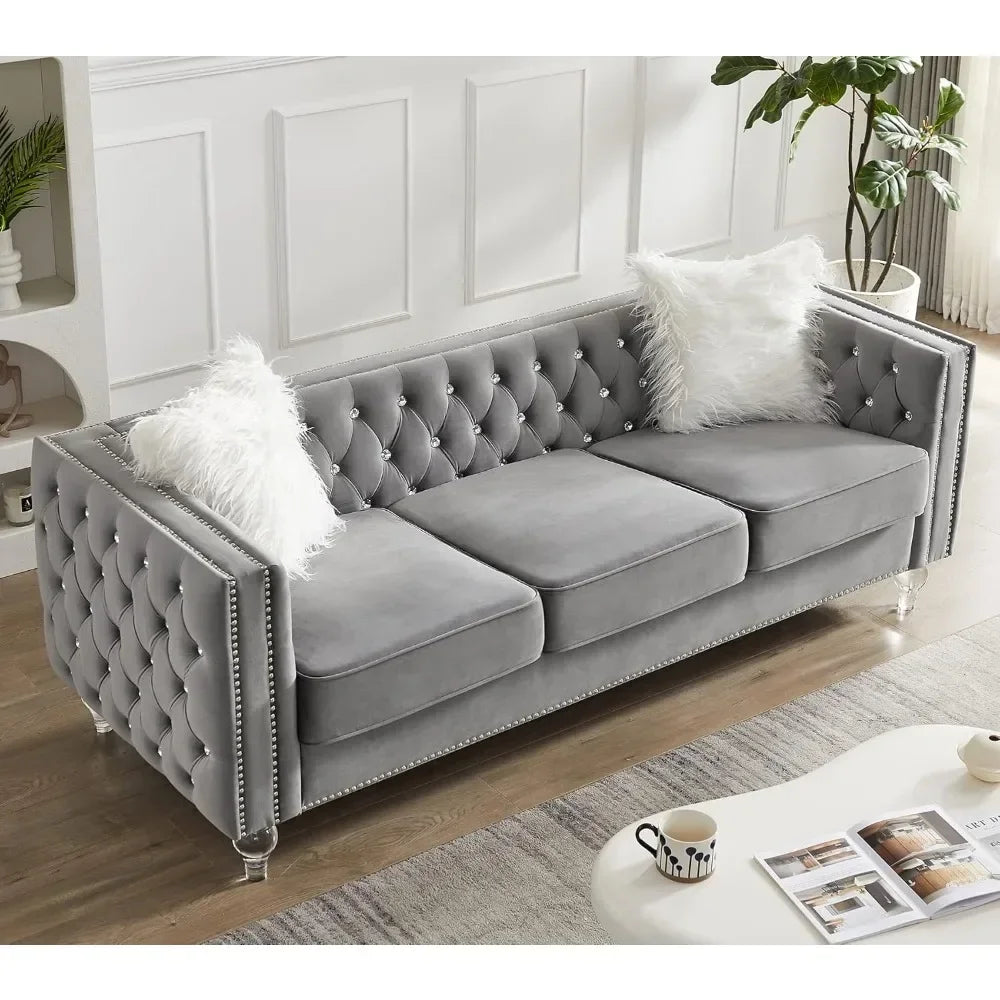 Modern Decor Furniture Tufted Sofa Set with Nailhead Acrylic Legs and 2 Pillows