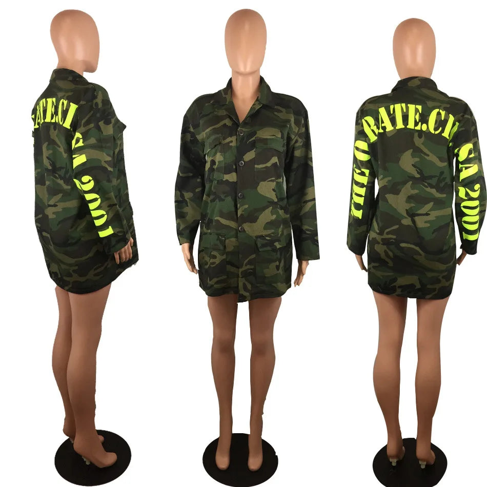 Women's Green Camouflage Long Jacket Streetwear