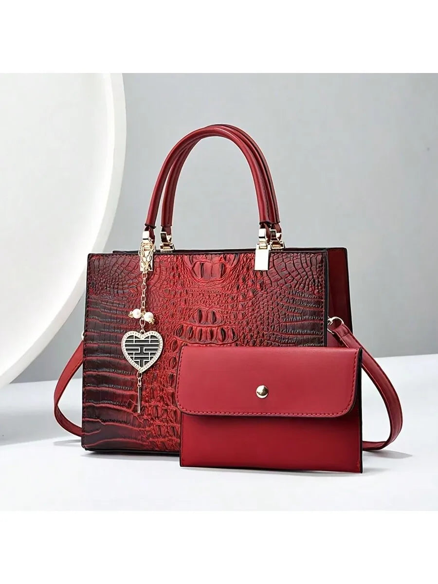 Croc-Embossed Top Handle Handbag with Detachable Wallet