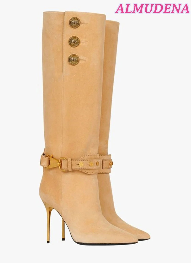 Suede Metal Buckled Pointed Toe Leather Knee High Boots