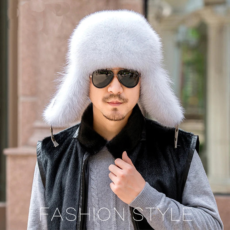 Winter Men's 100% Real Silver Fox Fur Bomber Hat