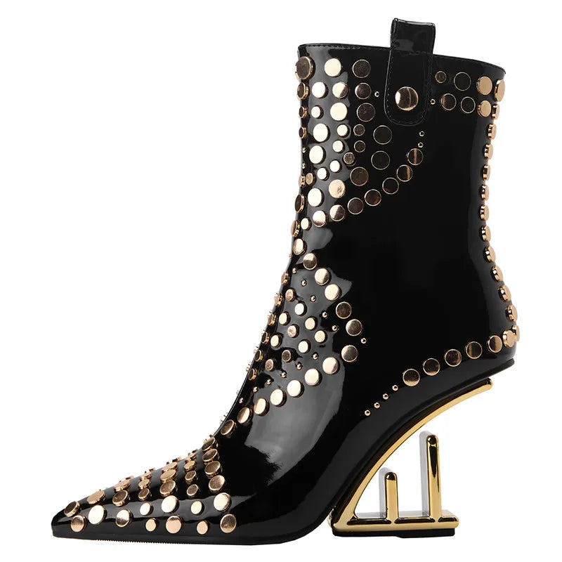 Fashion Rivet Pointed Toe Zipper-Side Patent Leather Strange Heels Shoes