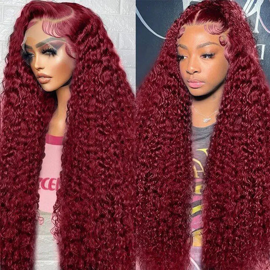 13x4 HD Burgundy Deep Wave Lace Front Wig 220 Density Curly 30 34 Inches