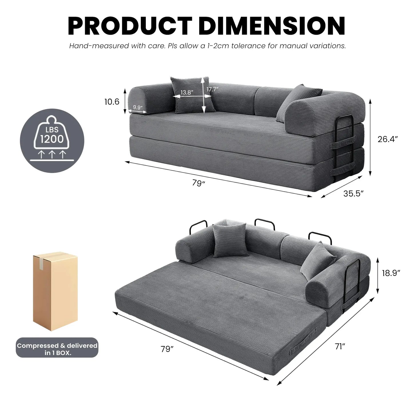 79" Convertible Sofa Bed with Fixed-Shape Frame & Removable Armrests