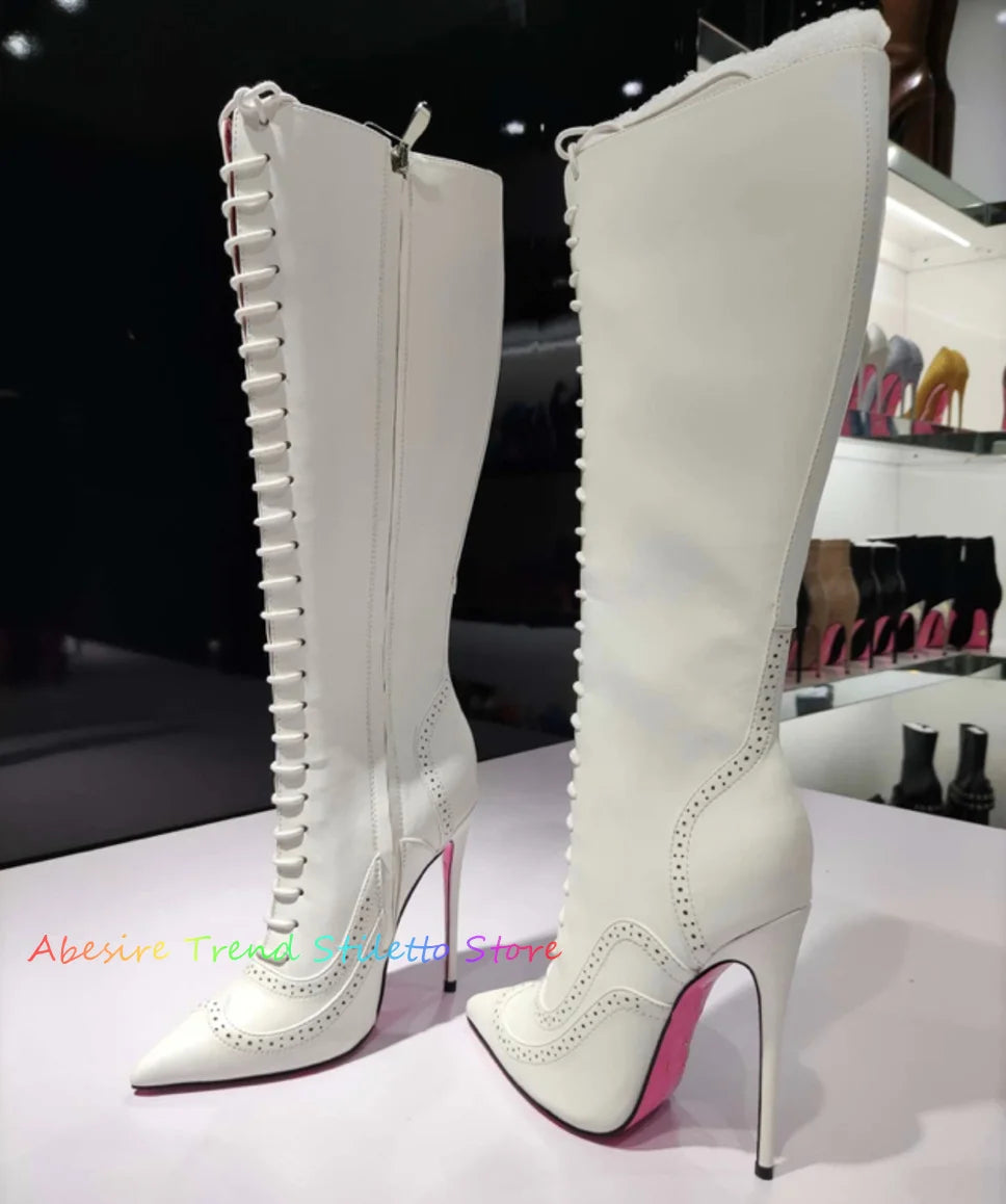 White Pointy Toe Lace Up High Heel Boots
