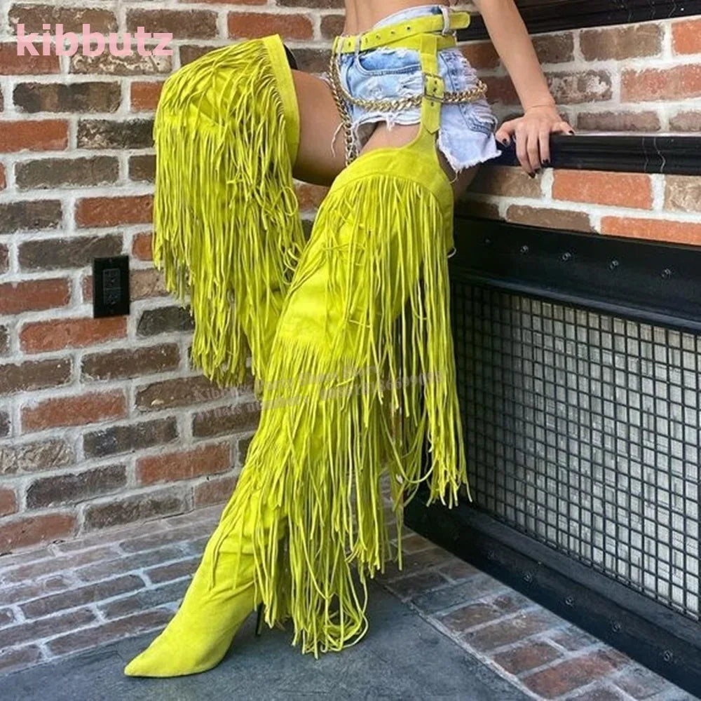 Over The Knee High Boots Tassel Fringe Belted Chaps