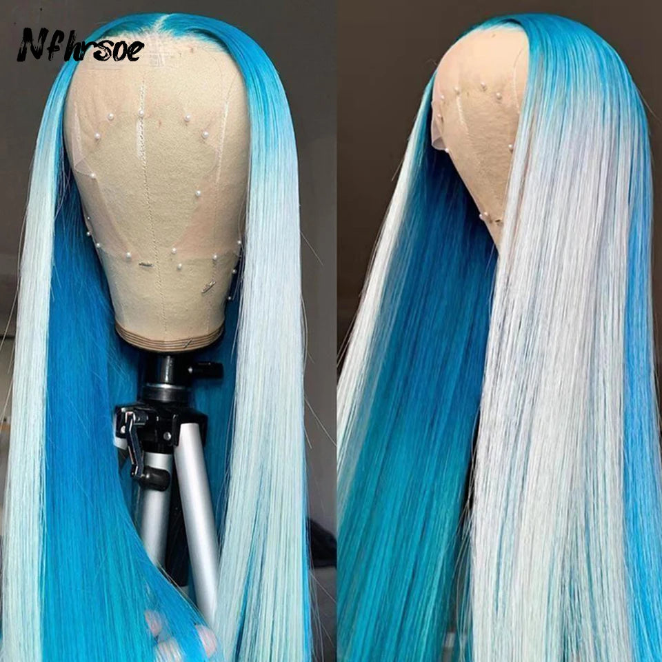 Highlight 13x4 Transparent Blue White Lace Front Human Hair Wig