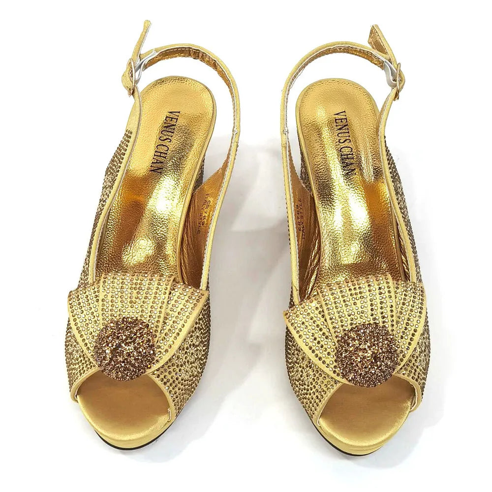 High Quality Golden Color Peep Toe Women Sandals Shoes Matching Bag Set