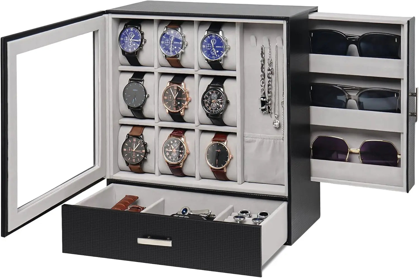 9-Slot Leather Watch Box with Glass Lid and Drawer