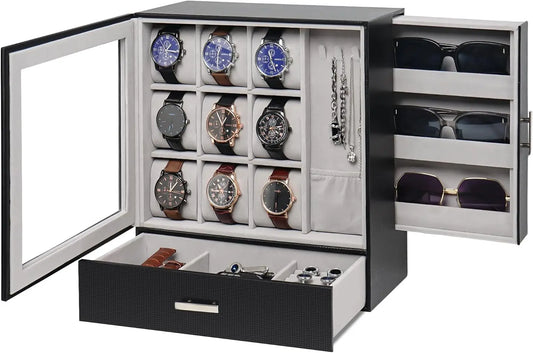 9-Slot Leather Watch Box with Glass Lid and Drawer