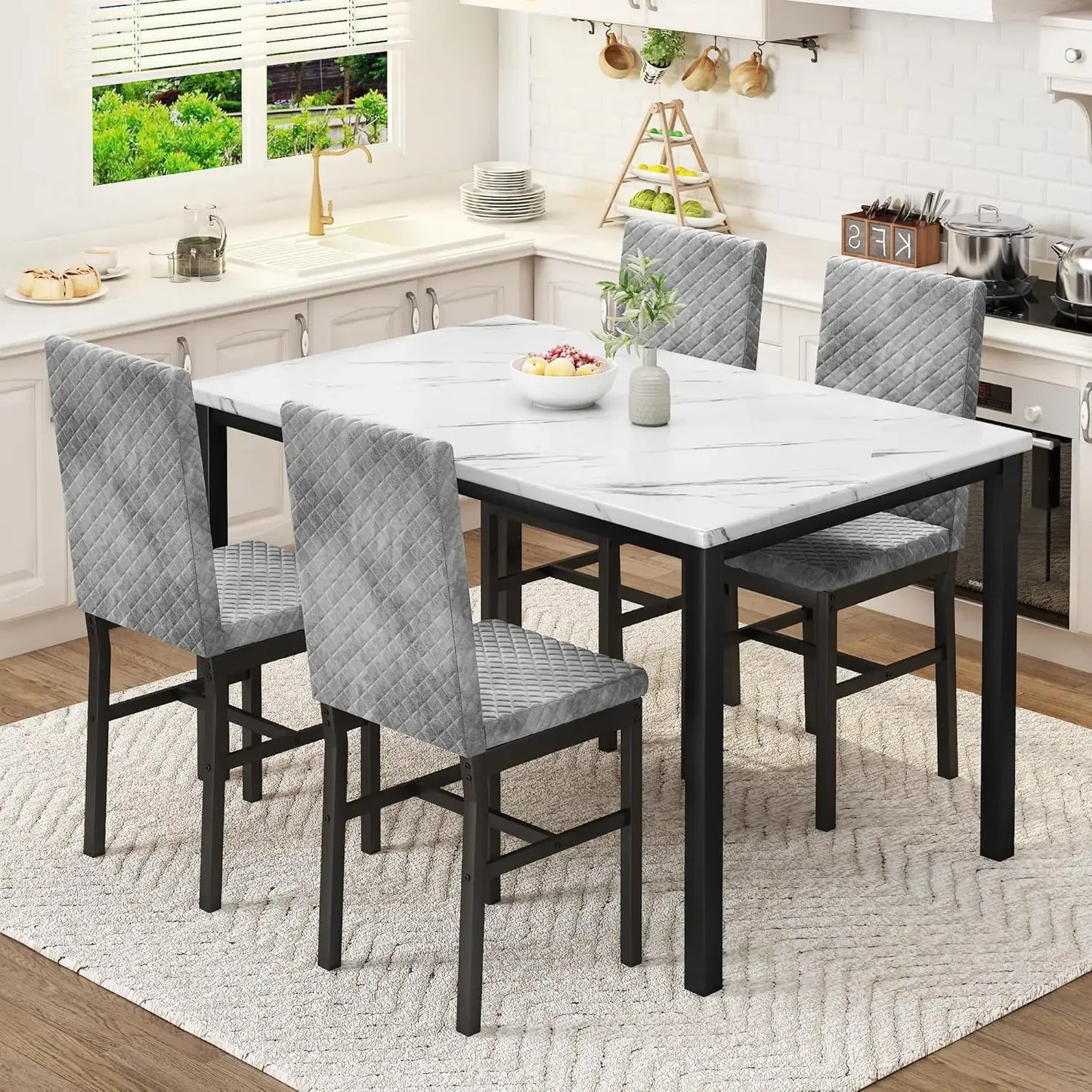 Faux Marble Dining Set with 4 Velvet Upholstered Chairs