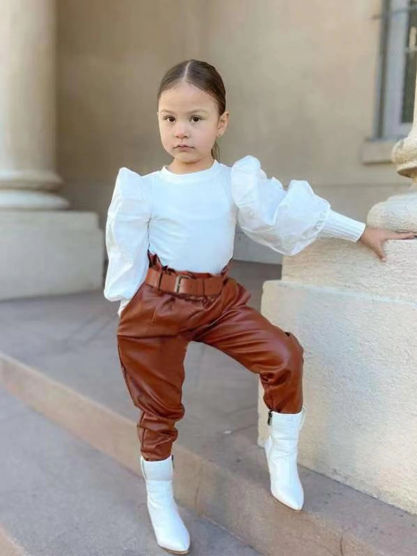 Casual Outfit Set Long Sleeve Ruffled Blouse + Brown Belted Pants + White Ankle Boots