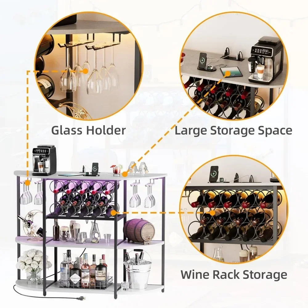 Wine Bar Cabinet with LED Lights and Power Outlets