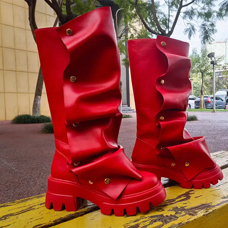 Plaftorm Red Fold Over Boots Block Heel Round Toe