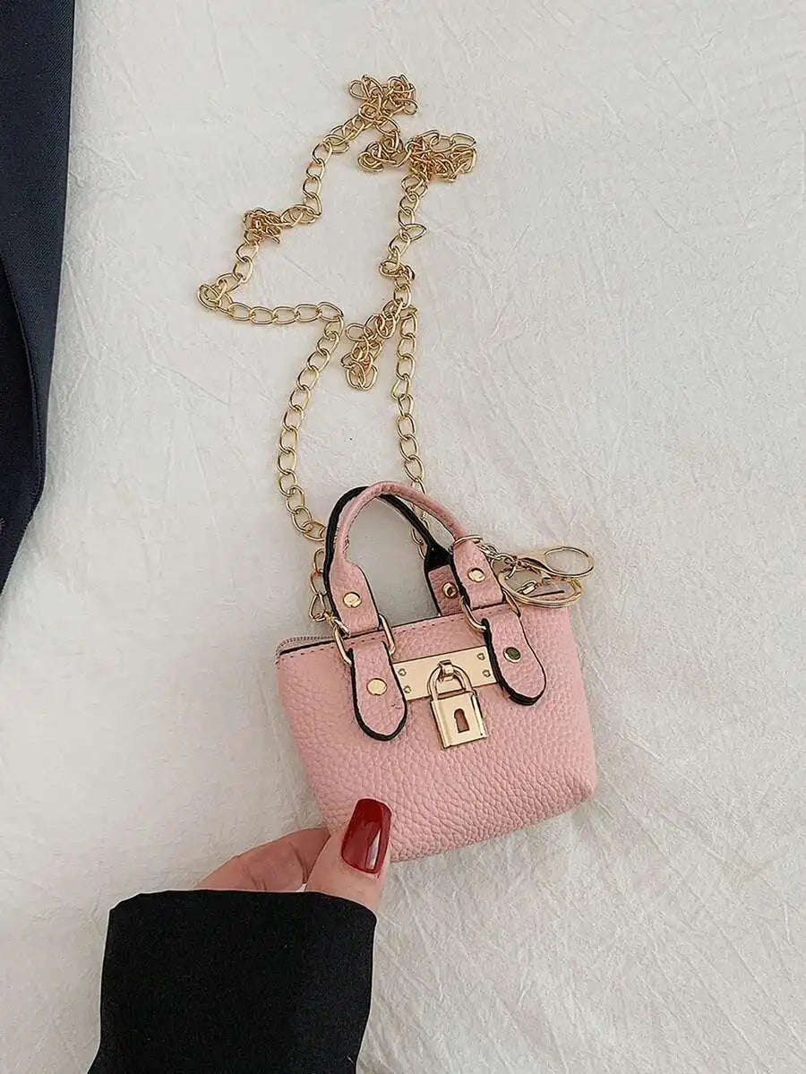 Mini Top-Handle Handbag with Gold Chain Strap and Lock Charm