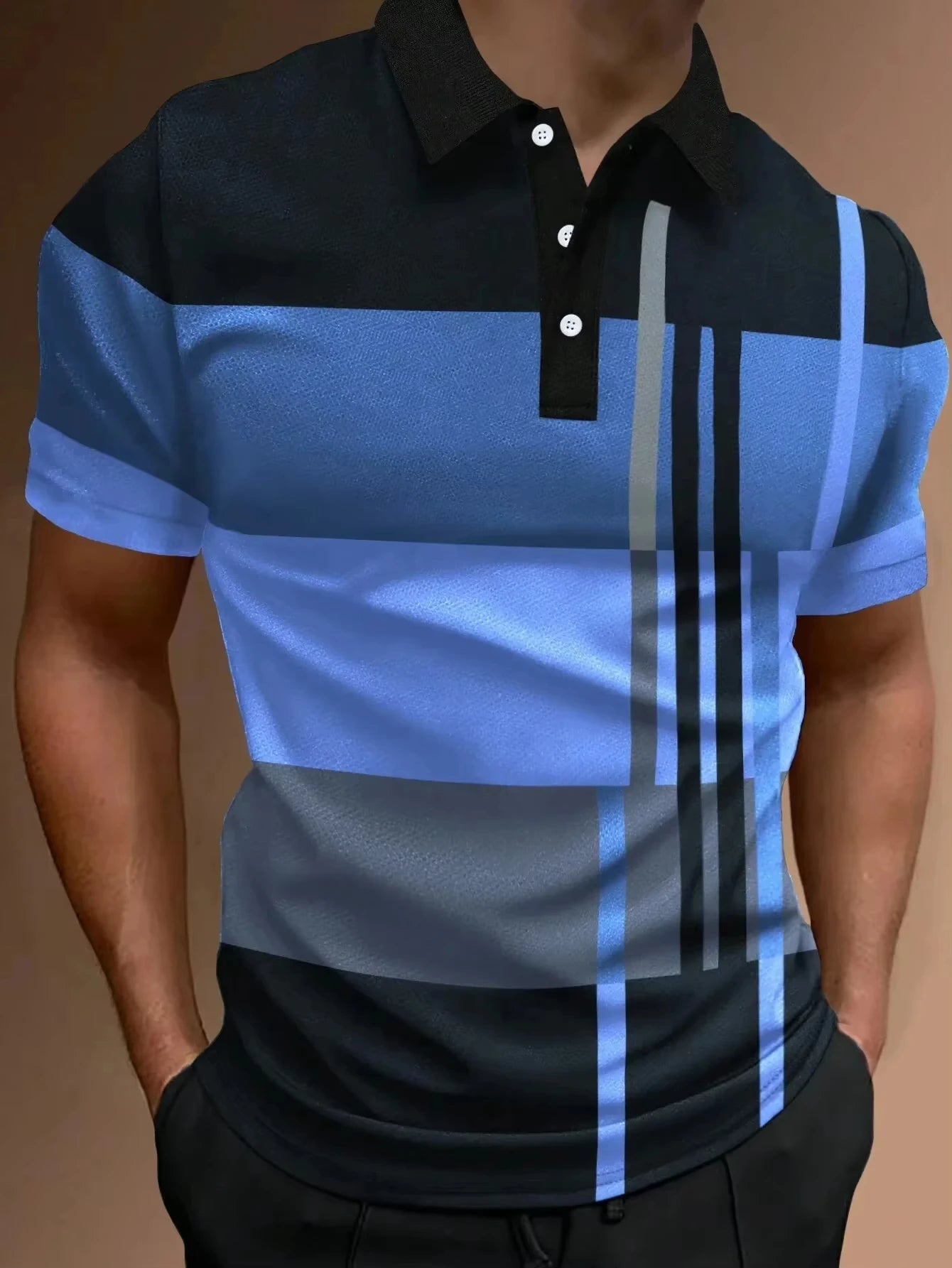 Men's 3D Stripe Print Short Sleeve Polo Shirt