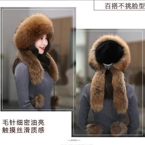 Fluffy Hat Women's Hooded Scarf Imitation Fur Fox