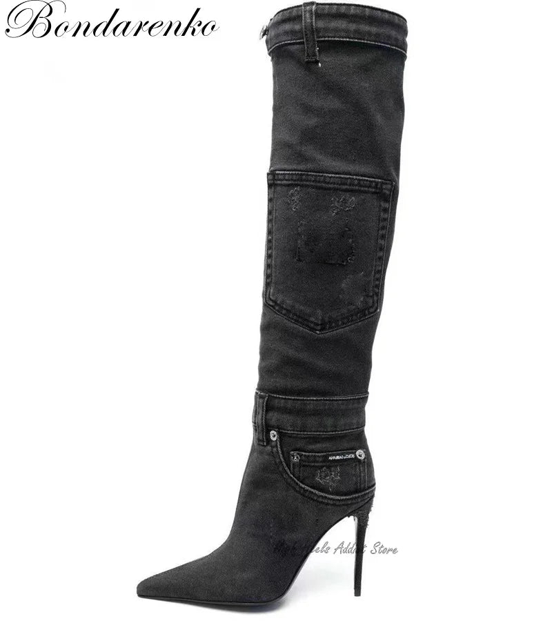 Denim Patchwork Knee Boots Blue Black Pointed Toe Stilettos