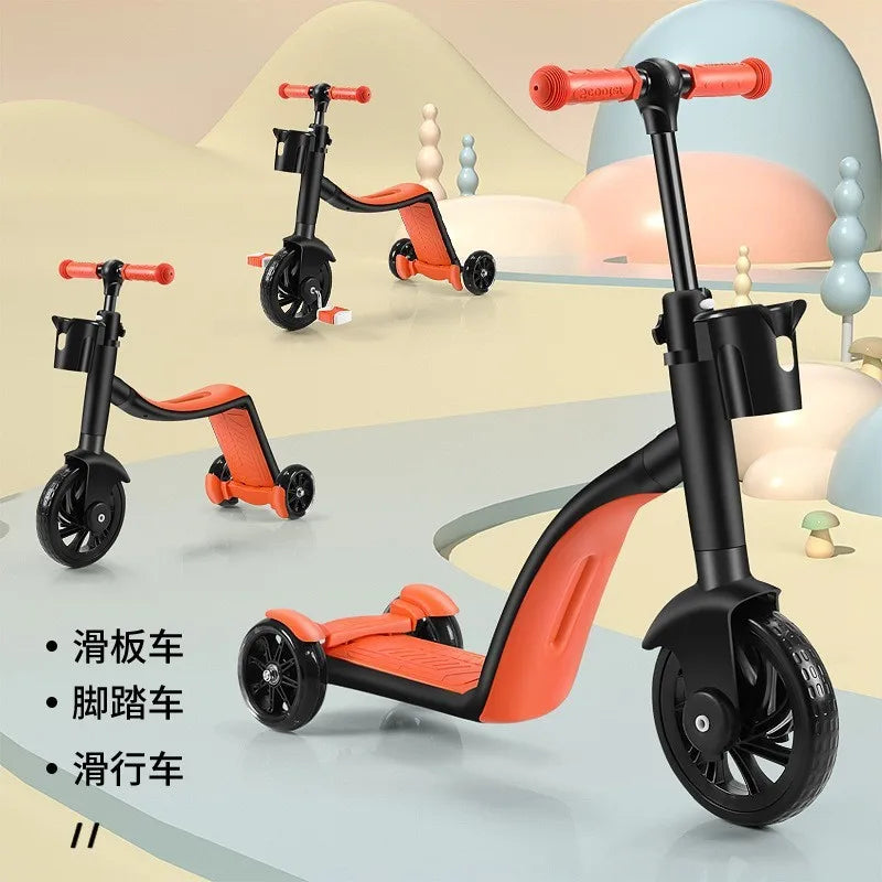 Three-in-one children's scooter folding tricycle