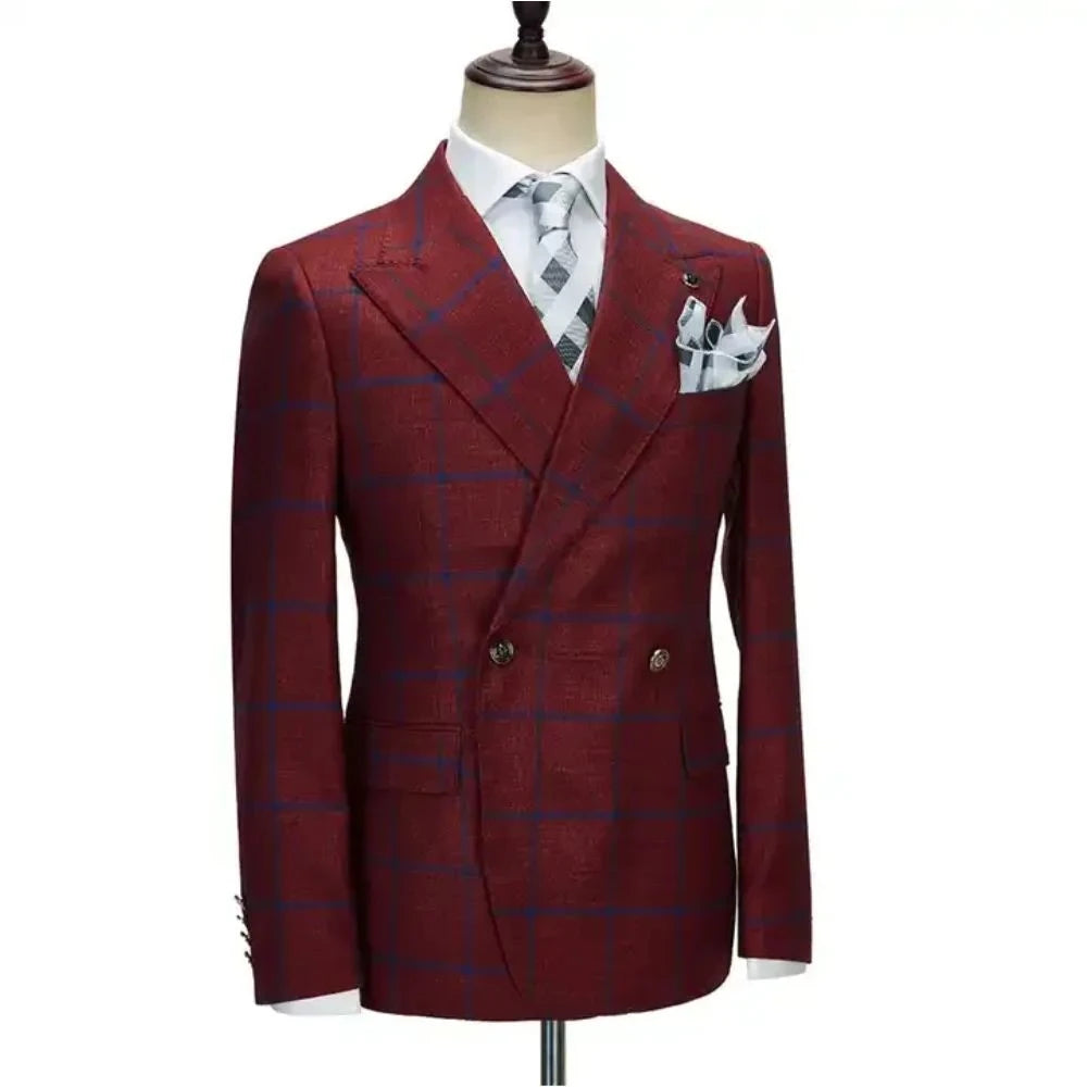 Men Suit 3 Pieces Set Fashion Plaid Peak Lapel