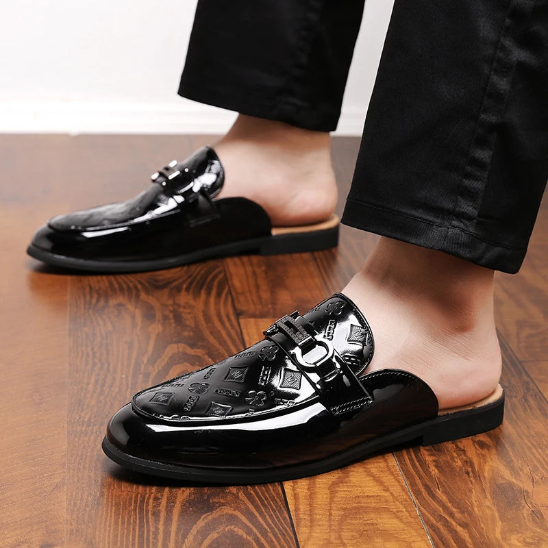 Designer Patent Leather Mens Mules Half Shoes
