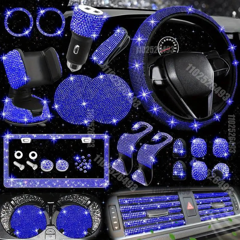 Set 27 Piece Women Bling Universal Fit Steering Cover Shiny License Frame Phone Holder Coasters Tools