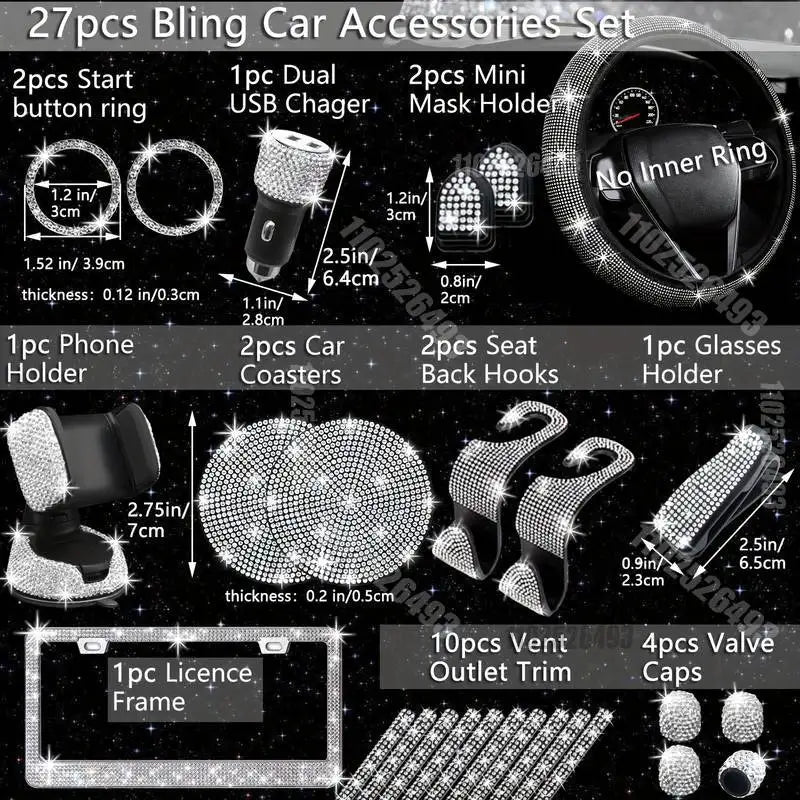 Set 27 Piece Women Bling Universal Fit Steering Cover Shiny License Frame Phone Holder Coasters Tools