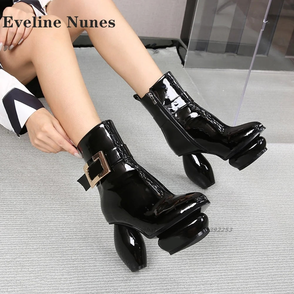 Platform Mental Buckle Ankle Boots Round Toe Strange Style